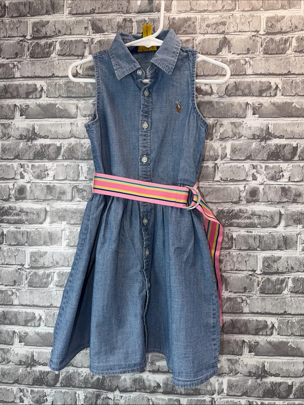 Polo Ralph Lauren Sleeveless Denim Dress with Pink Multi-Stripe Belt